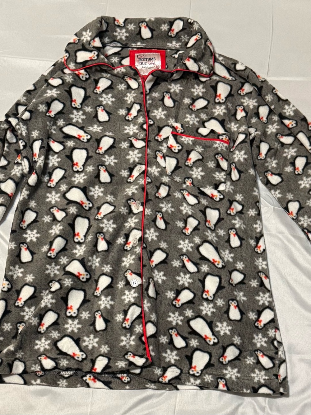 Bottoms Out Gal Kids Grey Penguin Fleece Pajama Top with Red Trim